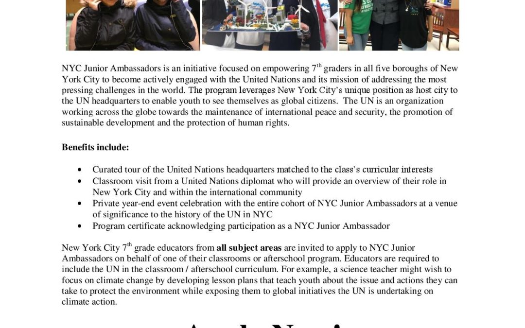 NYC Junior Ambassadors: Open Application Period for the 2019-2020